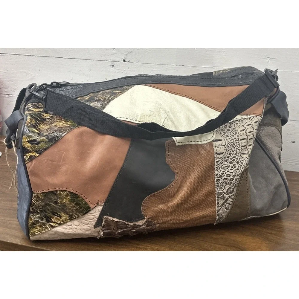 Hand Crafted From Patchwork 100% Leather Duffle Bag Adjustable Strap